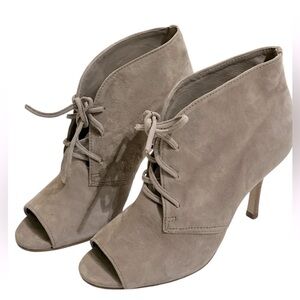 Maje peep toe tan lace up suede heels